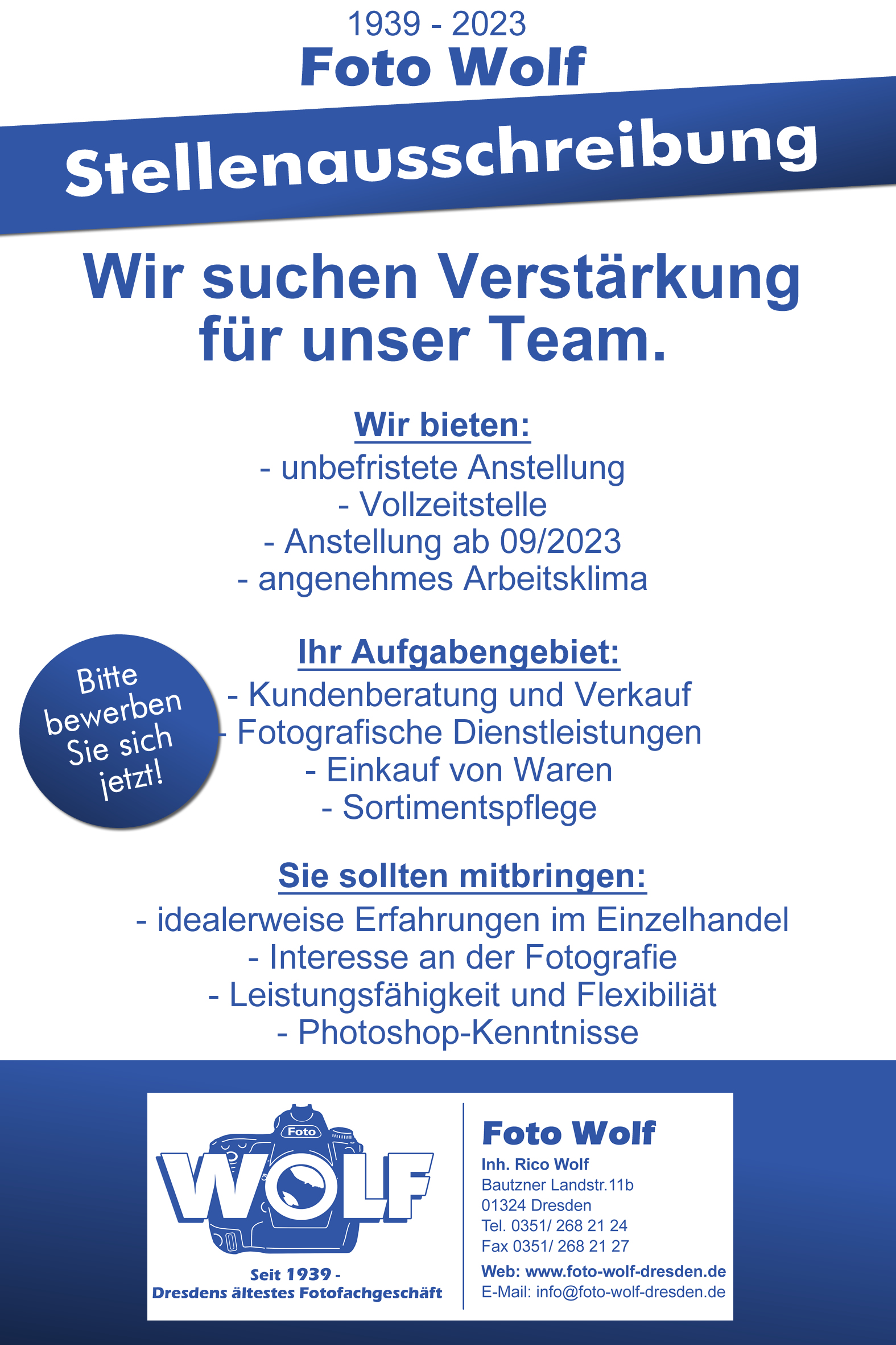 Jobangebot - Vollzeitstelle bei Foto Wolf ab 01.09.23