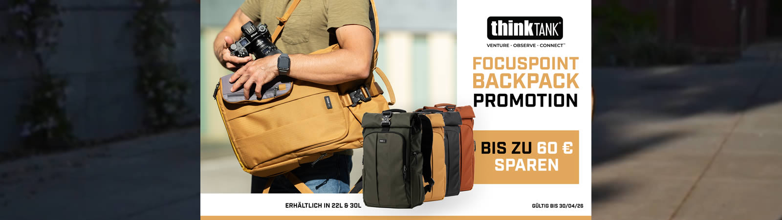 Noch bis 30.April sparen beim Kauf eines thinkTANK Focuspoint Rolltop Rucksacks