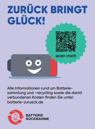 Informationen zu den anfallenden Batterieentsorgungskosten auf https://www.batterie-zurueck.de/