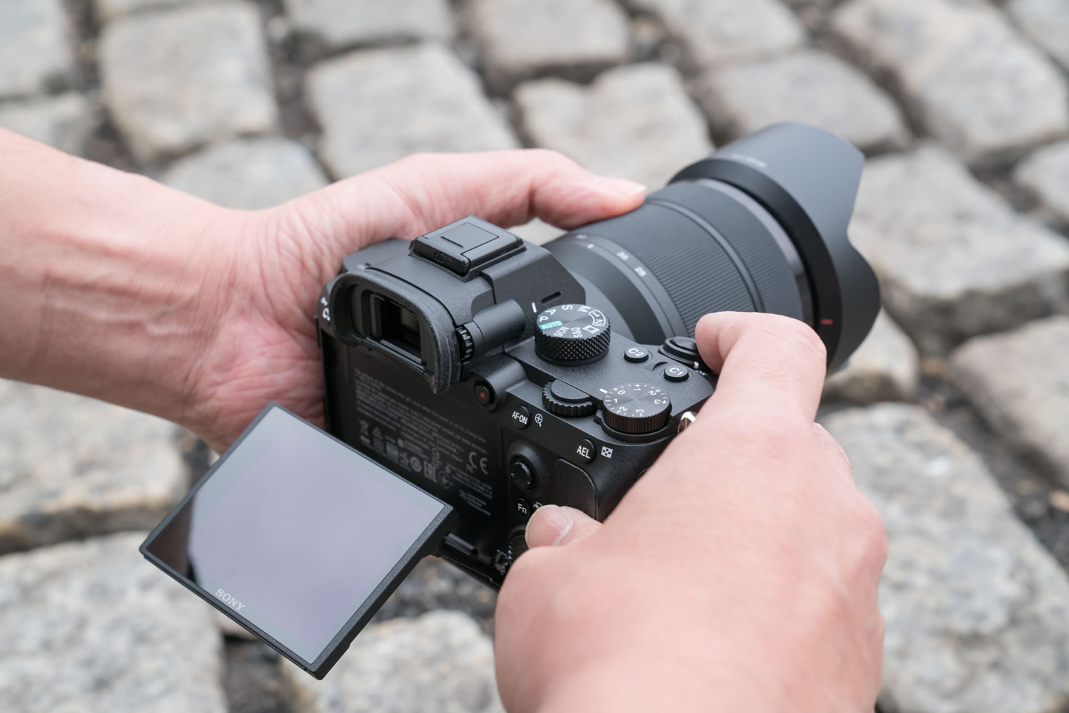 Sony Alpha mit CMOS Systemkamera Vollformatsensor, III 7 (3 Fotofachgeschäft Sucher, Exmor R OLED XGA (24.2 7,5 Schwarz- cm Megapixel Zoll) Touch-Display, Body Kartenslots) Tradition E-Mount 2