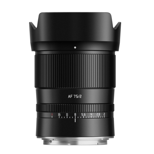 TTArtisan AF75mmF2,0 Ansicht mit Gegenlichtblende